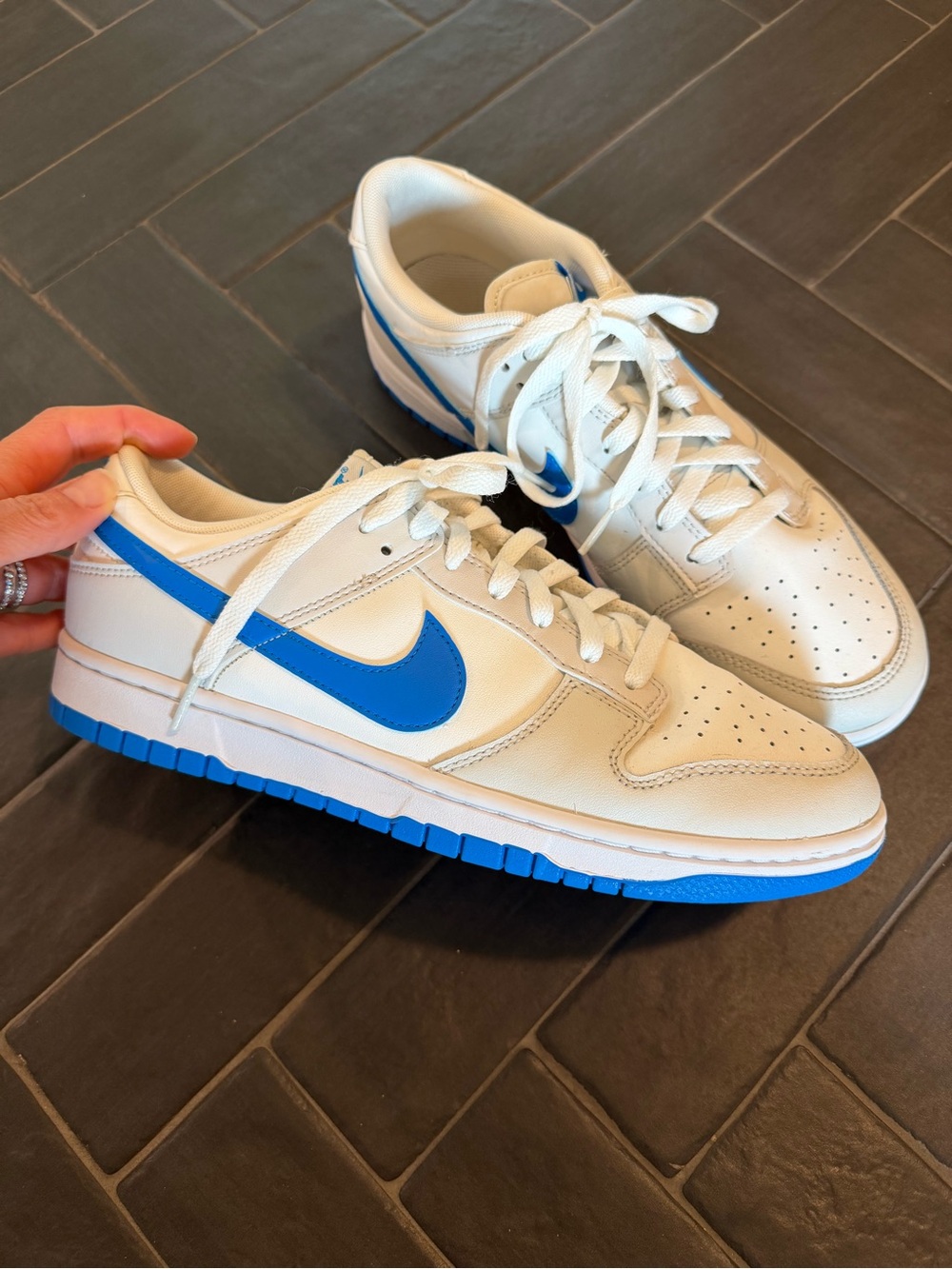 Nike White Low-Top Dunks with Blue Swoosh